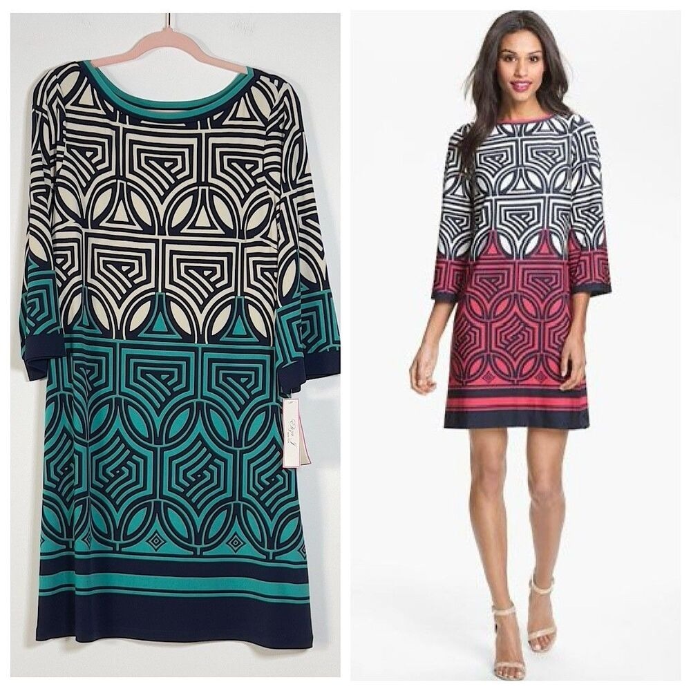 Eliza J Shift Mini Dress Womens Sz 14 Multicolor Geo Print 3/4 Sleeves Boat Neck